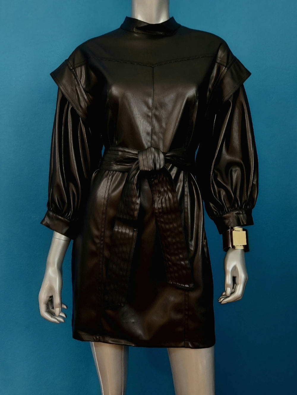 ASOS High Neck Puff Sleeves 80s Style Faux Leather Mini Dress w/ Tie Belt / NWOT